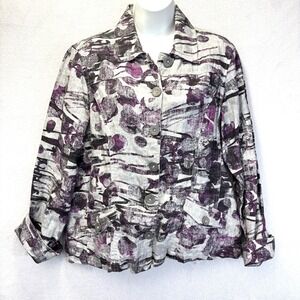 Chico's Sz 1 100% Linen Floral Jacket Womens Medium Gray Purple Button Up Artsy